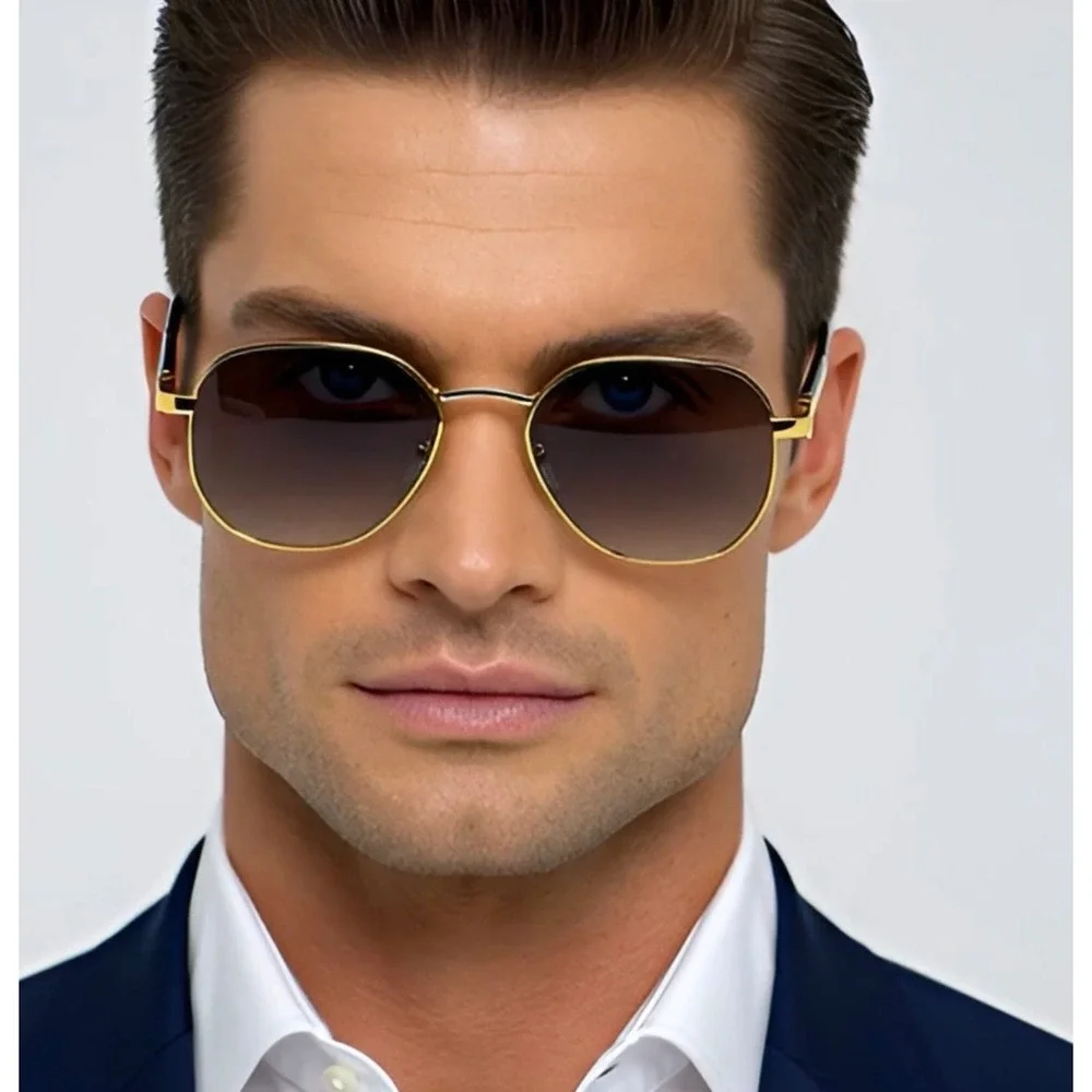 Mens Gold Round Sunglasses Black Gradient Lens Retro Luxury Style Eyewear Lentes